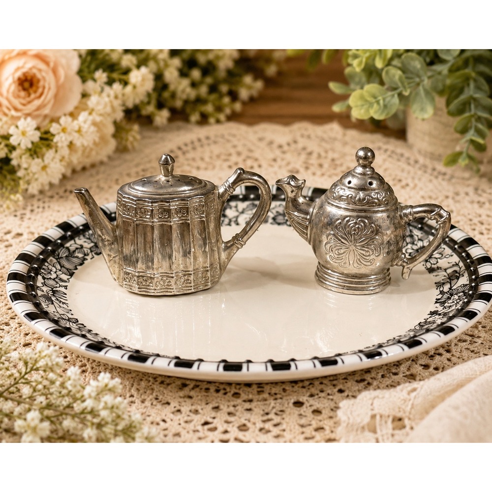 Godinger Silver Plated Teapot Coffee Pot Salt and Pepper Shakers Set Vintage